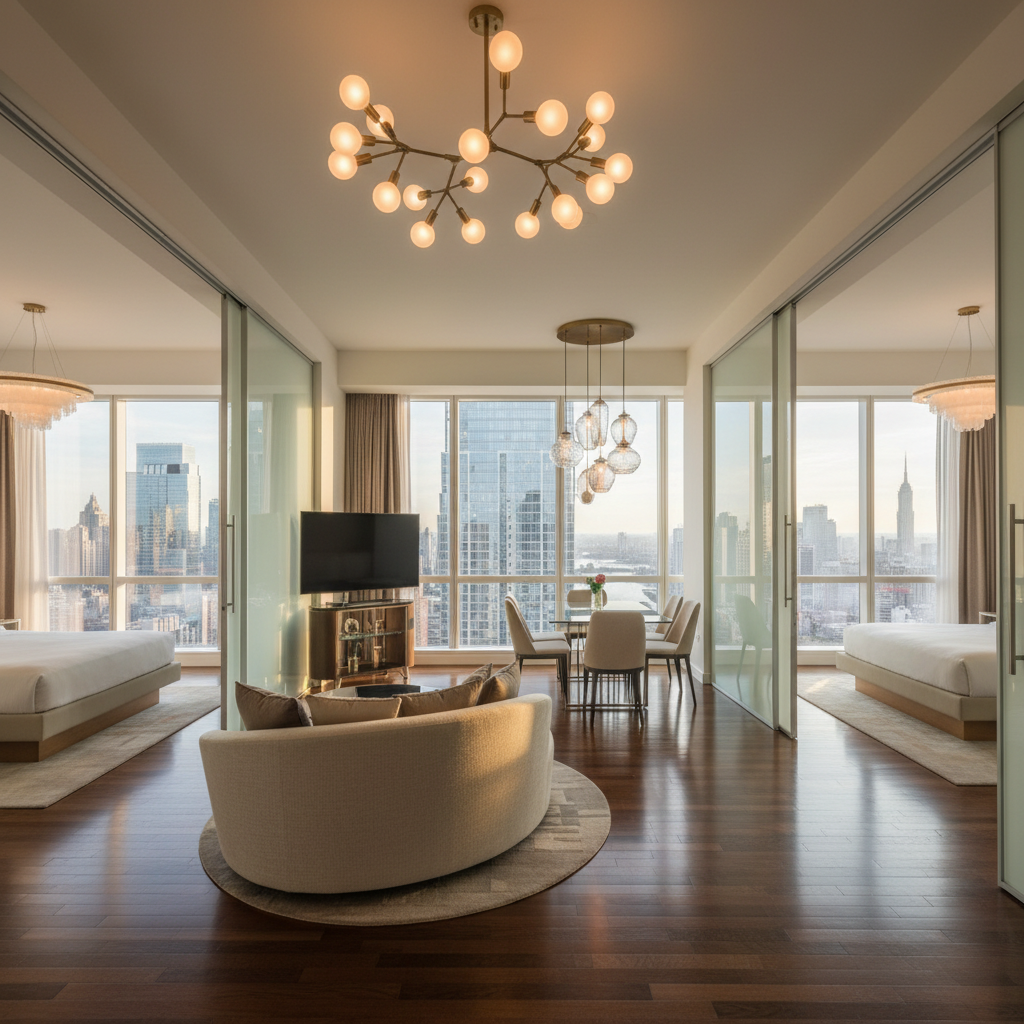Opulent executive suite with floor-to-ceiling windows showing city view, marble bathroom, and sophisticated dark gold interior