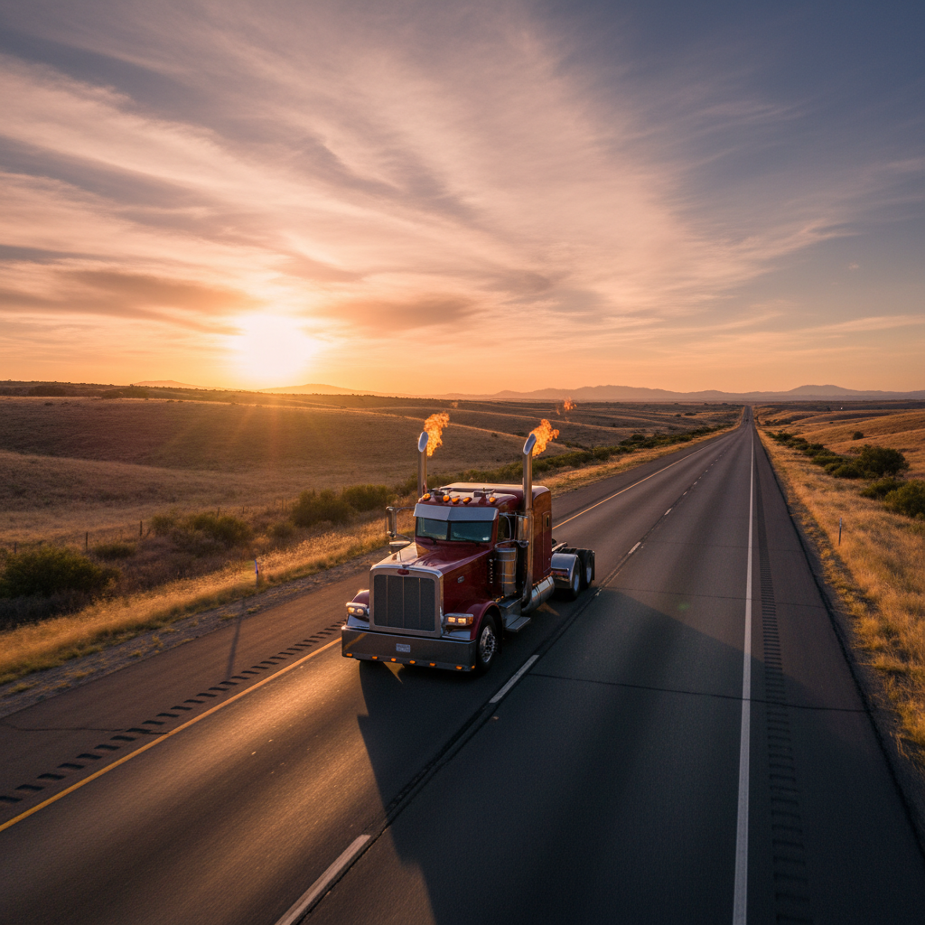 Semi-truck driving on open highway at sunset, warm golden light, dramatic sky, industrial scale