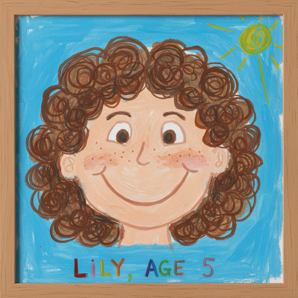 Self-portrait painting by a child showing a smiling face with curly brown hair