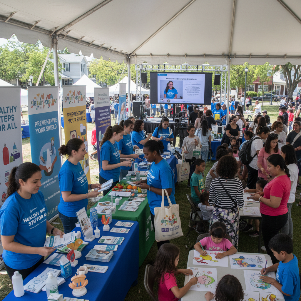 Community health fair with people receiving screenings, bright outdoor setting, warm community atmosphere