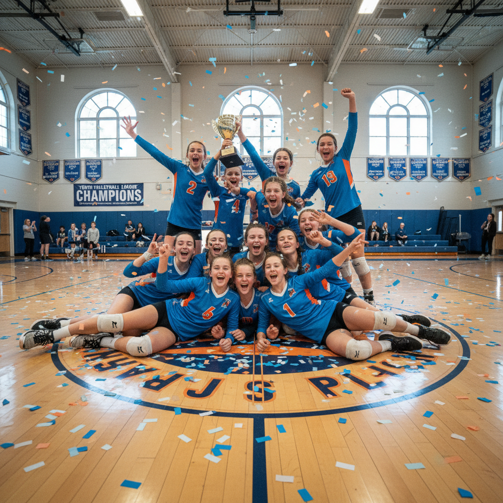 Youth volleyball team celebrating championship bracket win, players mid-dogpile on court