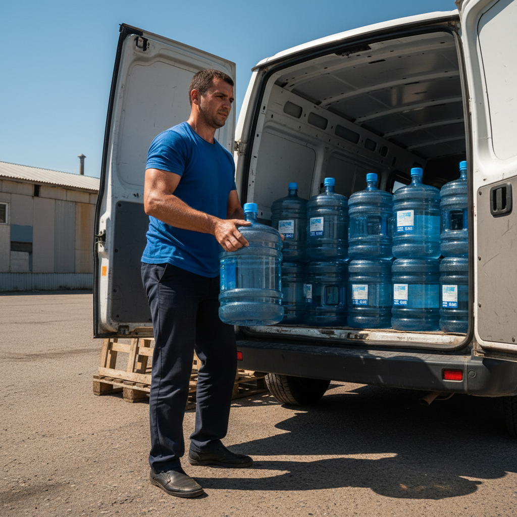 20 Ltr Aqua delivery team loading blue water cans onto delivery vehicle, morning light, professional logistics operation