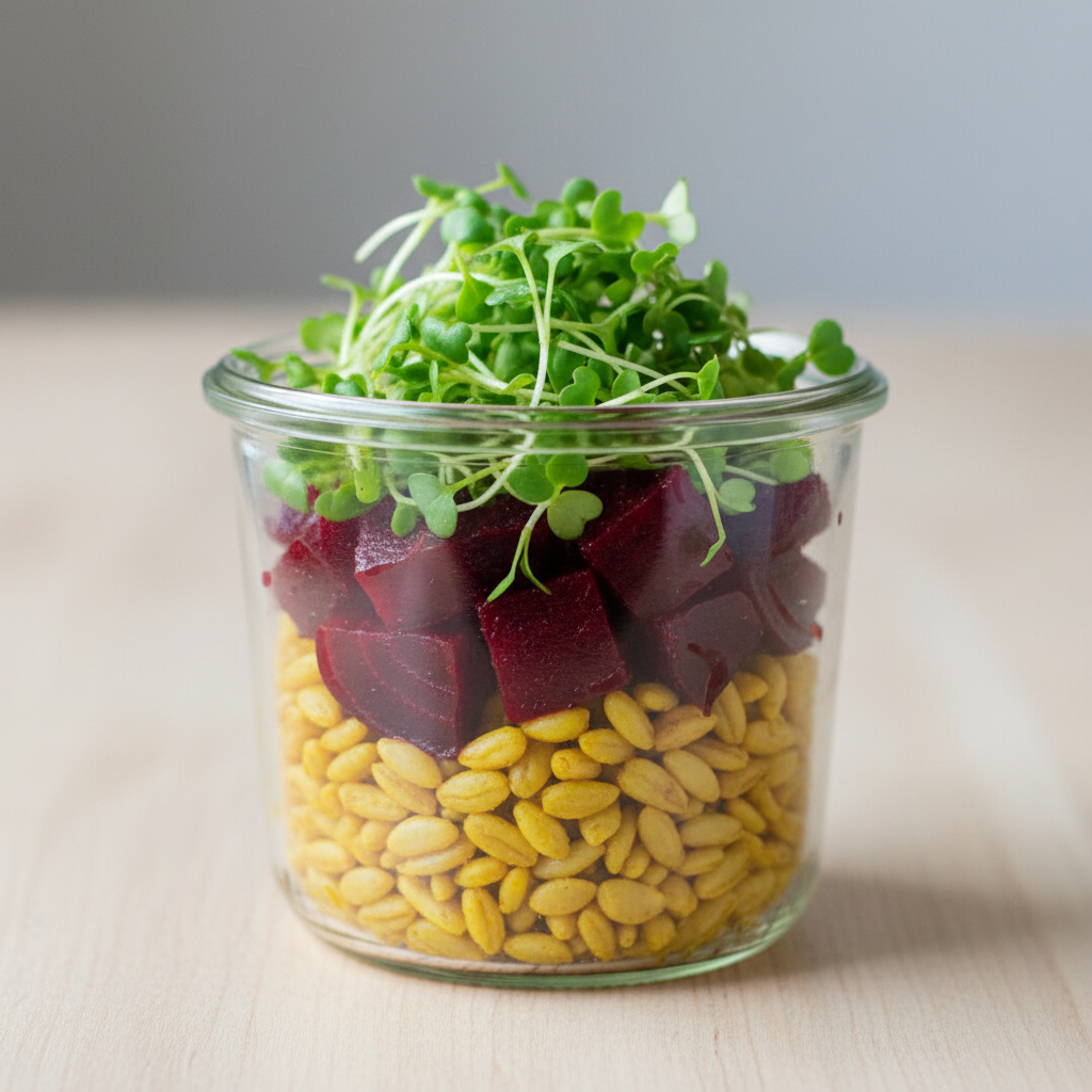Vibrant grain bowl with turmeric-stained farro, roasted beets, and microgreens in a glass jar