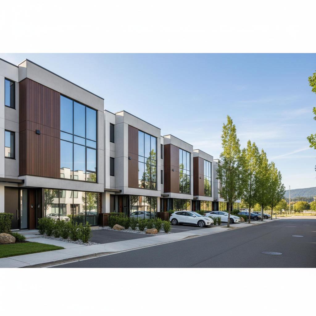 Bright modern townhome with clean lines, sunny day, contemporary California neighborhood