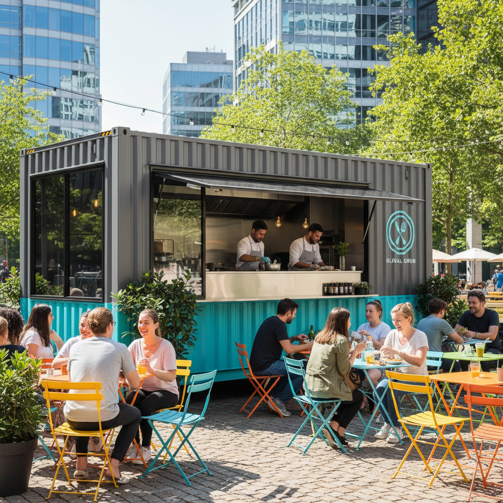 Modern food truck container with service window and outdoor seating area