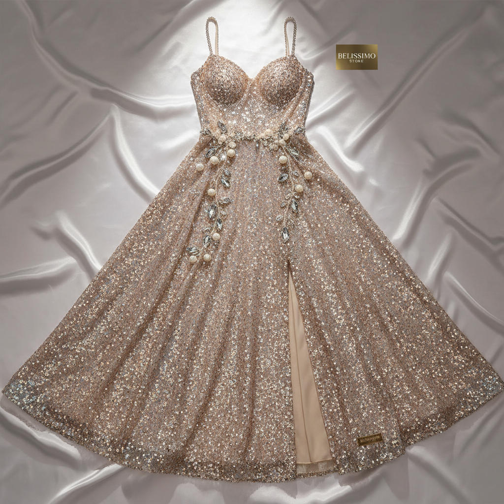 Model wearing a sequined party dress in glamorous studio lighting, fashion editorial