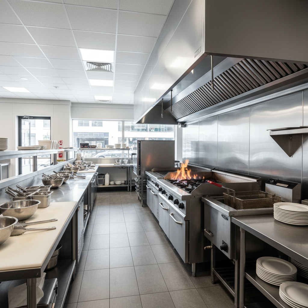 Clean diner kitchen with stainless exhaust hood over flat-top griddle, blue flames visible, no grease buildup