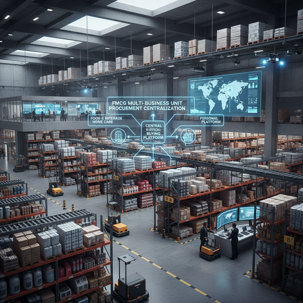 Government procurement warehouse with organized supply materials, labeled shelving, and logistics staff managing inventory