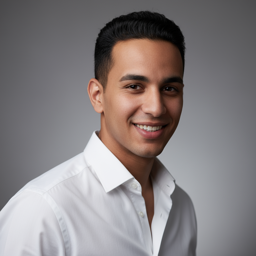 Professional headshot of Moroccan lawyer in dark suit with warm smile in office setting