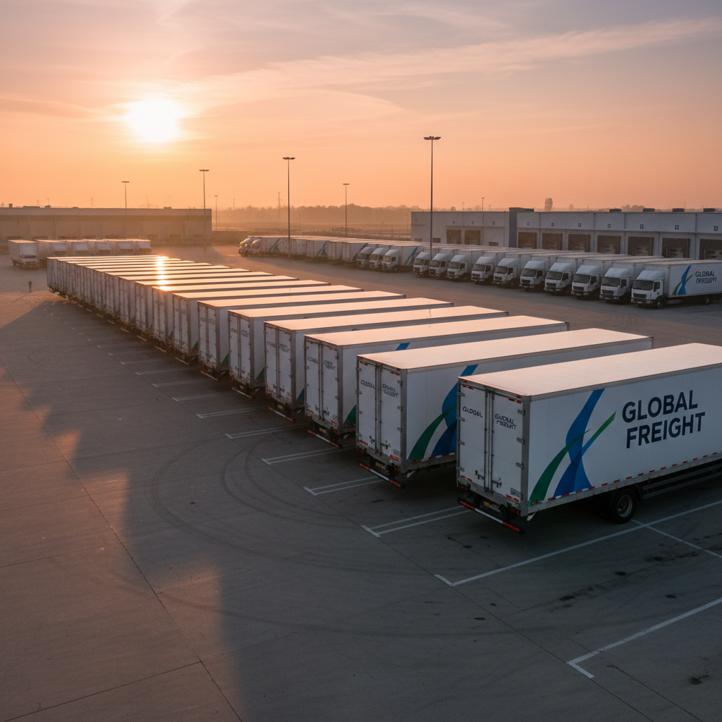 Row of commercial box trucks parked in a fleet yard at dawn