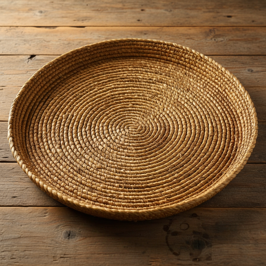 Sonia's sweetgrass coiled serving tray with natural geometric spiral pattern