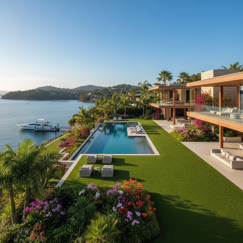 Fort Lauderdale luxury waterfront home with boat dock, pool, and tropical landscaping