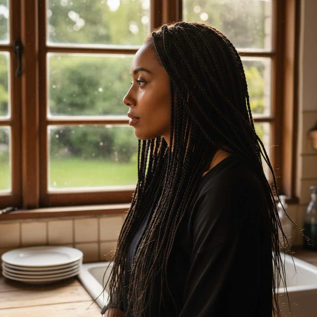 Knotless box braids close-up, natural root, warm studio lighting, dark rich background