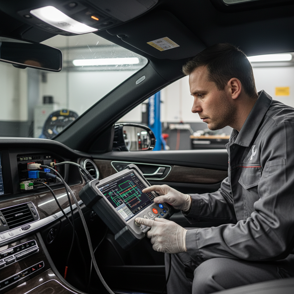Professional mechanic using advanced computerized diagnostic equipment on luxury vehicle engine
