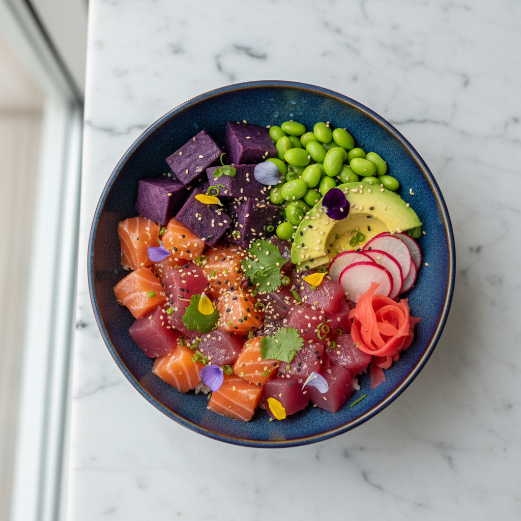 Beautifully plated gourmet dish on white ceramic, vibrant colours against bright natural light background