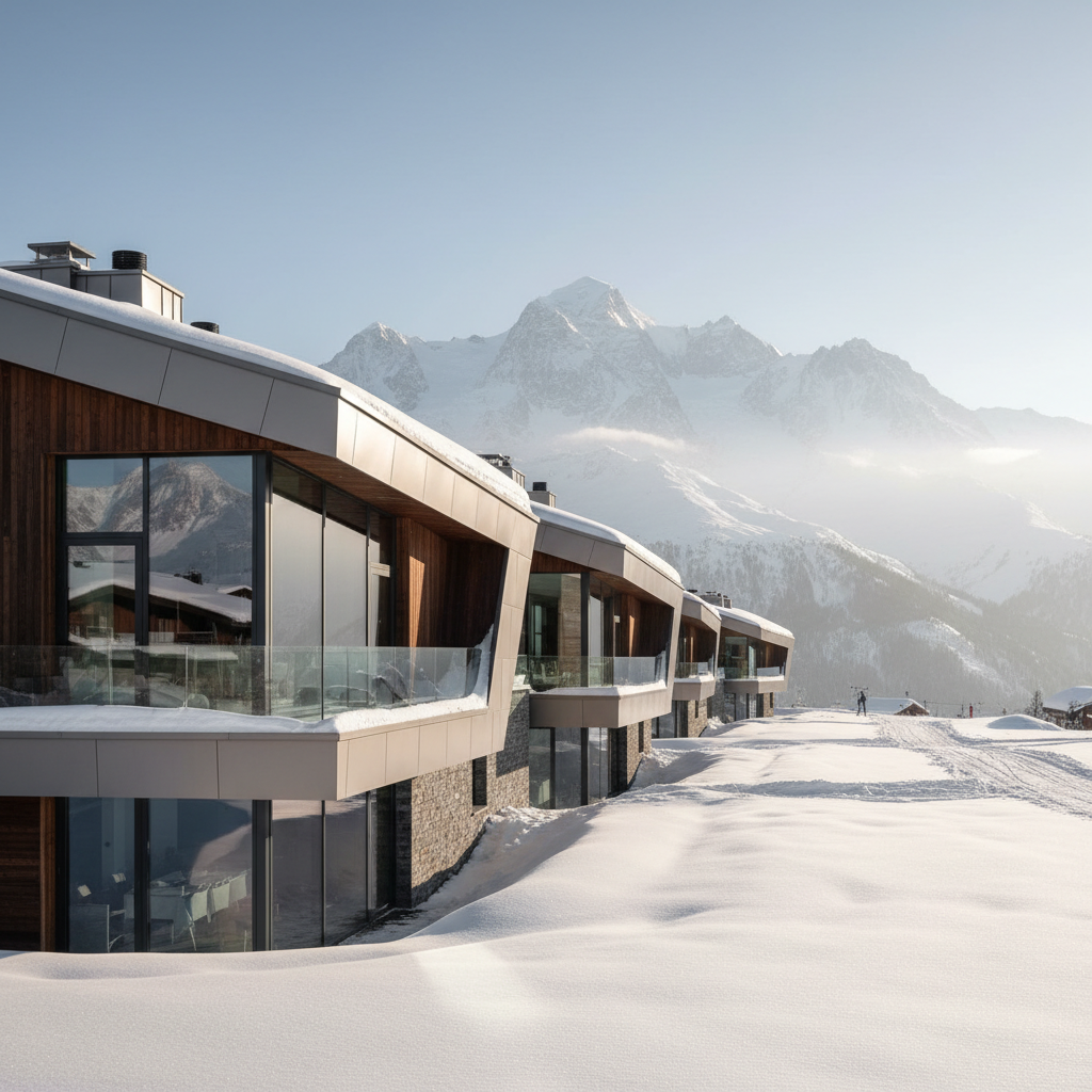 Modern ski apartment building with Mont Blanc massif visible in winter with deep snow