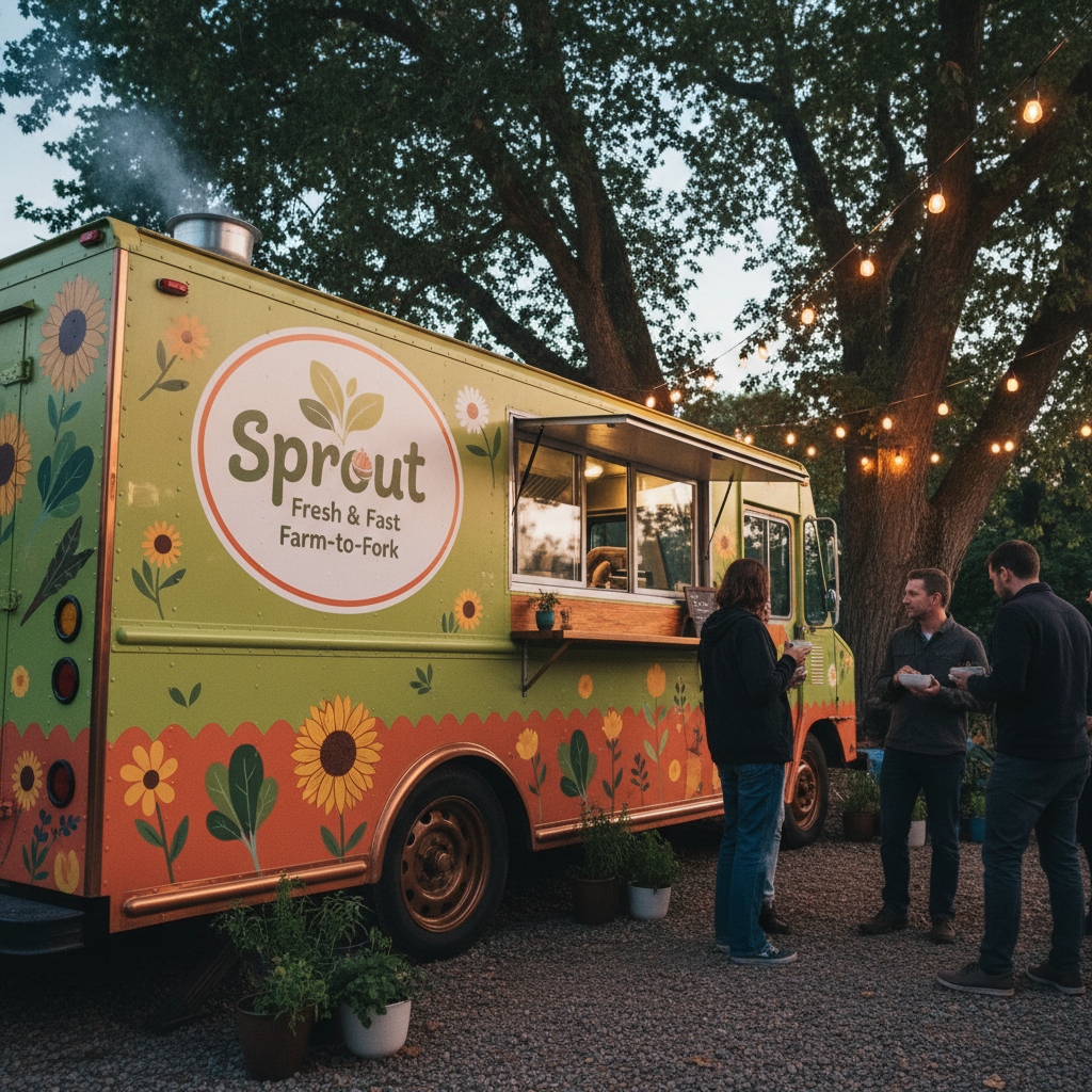 Sprout food truck shot from low angle with string lights blurred in the background at dusk