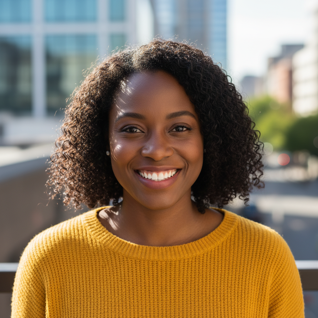 Portrait of Keisha Williams, a Black woman commuter in her 30s smiling in an urban setting