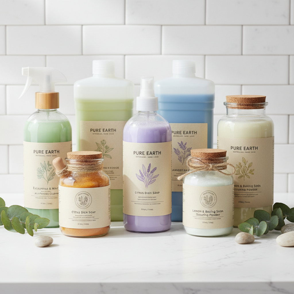 Green plant beside natural cleaning products in white bottles on bright kitchen counter, eco-friendly setting