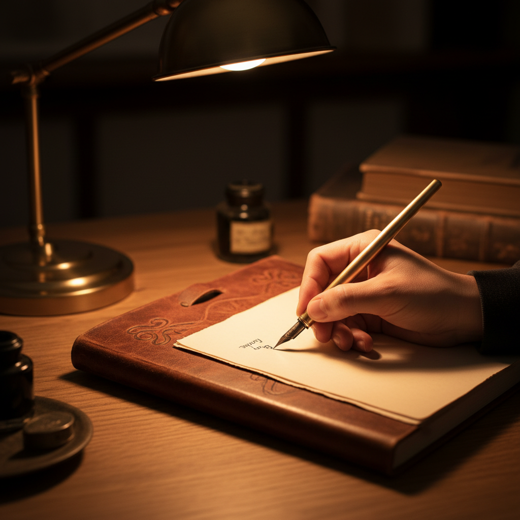 Writer at desk with journal open, warm lamplight, atmospheric evening study setting