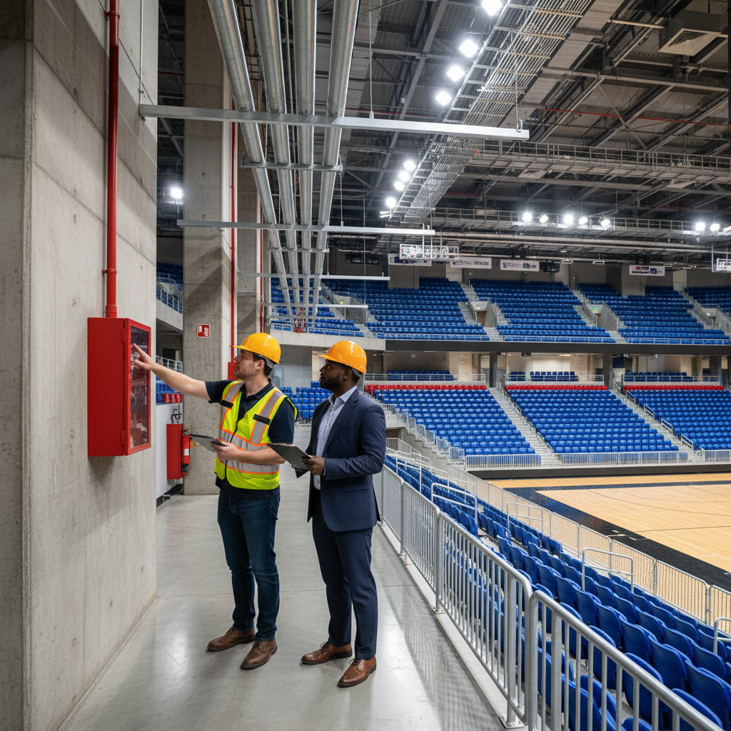 Fire protection engineer conducting a walkthrough with facility manager inside a completed sports arena