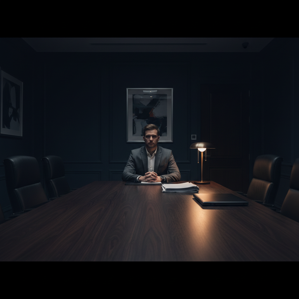 Modern professional workspace with clean desk and architectural lighting, dark moody atmosphere, deep shadows