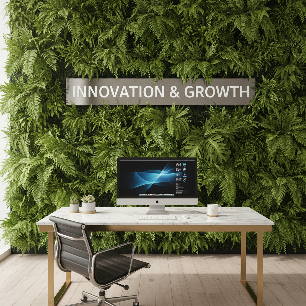 Artificial green wall installation in modern office lobby