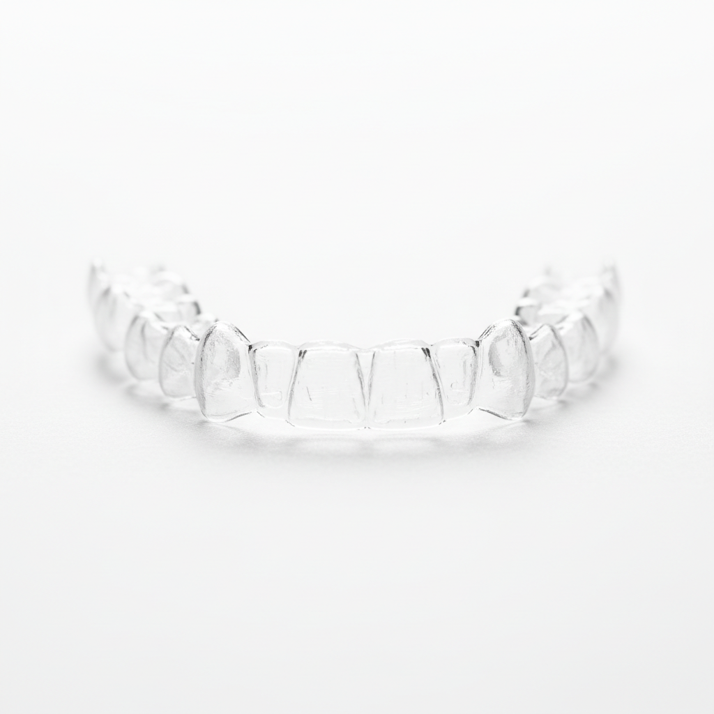 Orthodontic clear aligner held up against white background, transparent dental tray