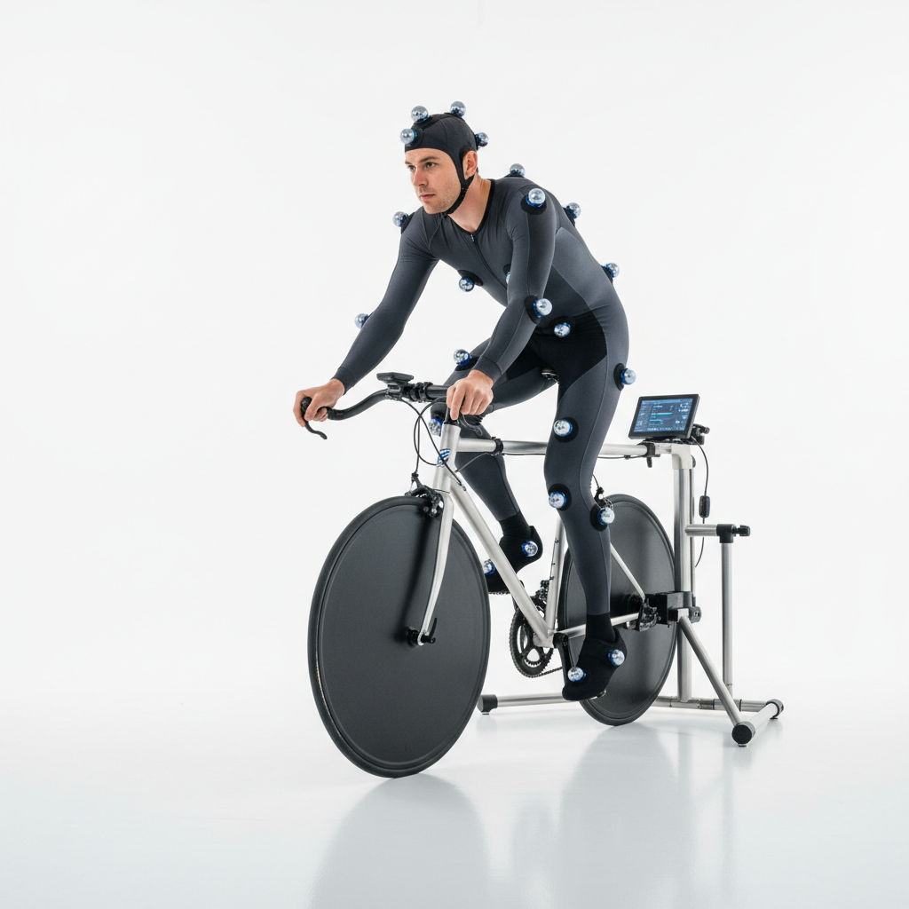 Cyclist in motion capture suit on bike fit rig with reflective markers visible on joints