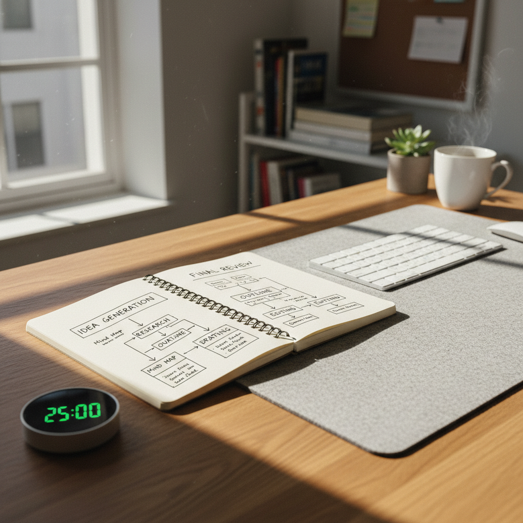 Digital workflow diagram on laptop screen, clean desk workspace, modern office, warm lighting