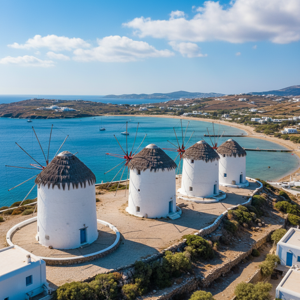 Mykonos windmills bright day