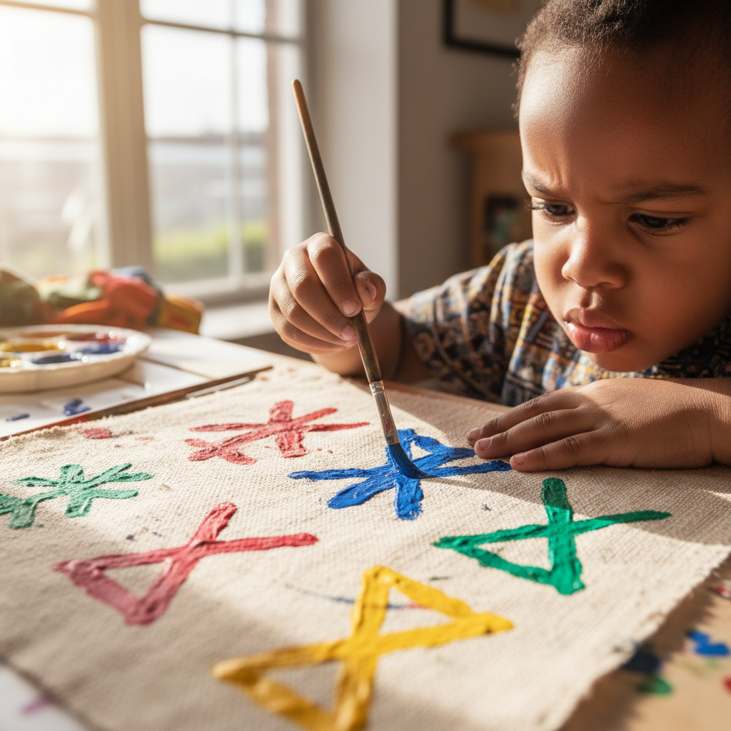 Child painting Adinkra symbols on fabric with bright colors, showing concentration