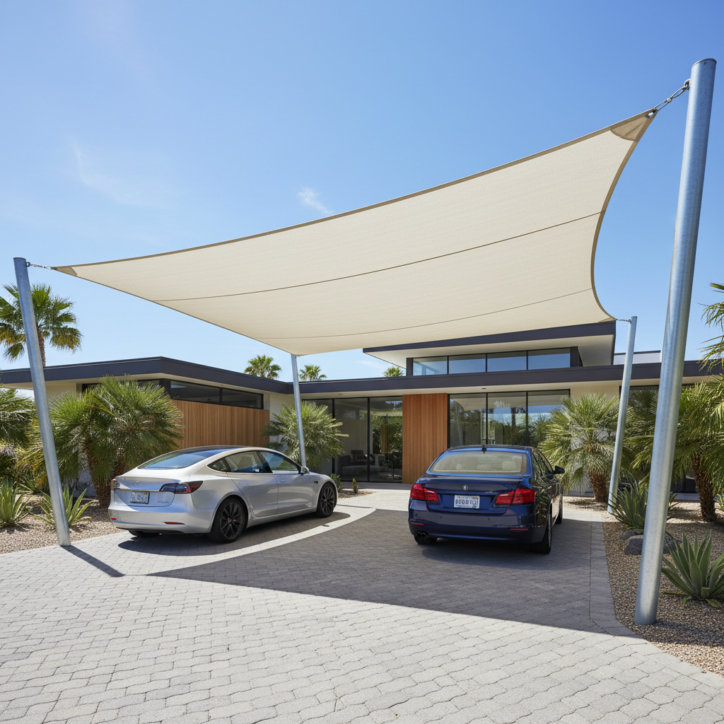 Triangular shade sail covering residential parking area with contemporary design