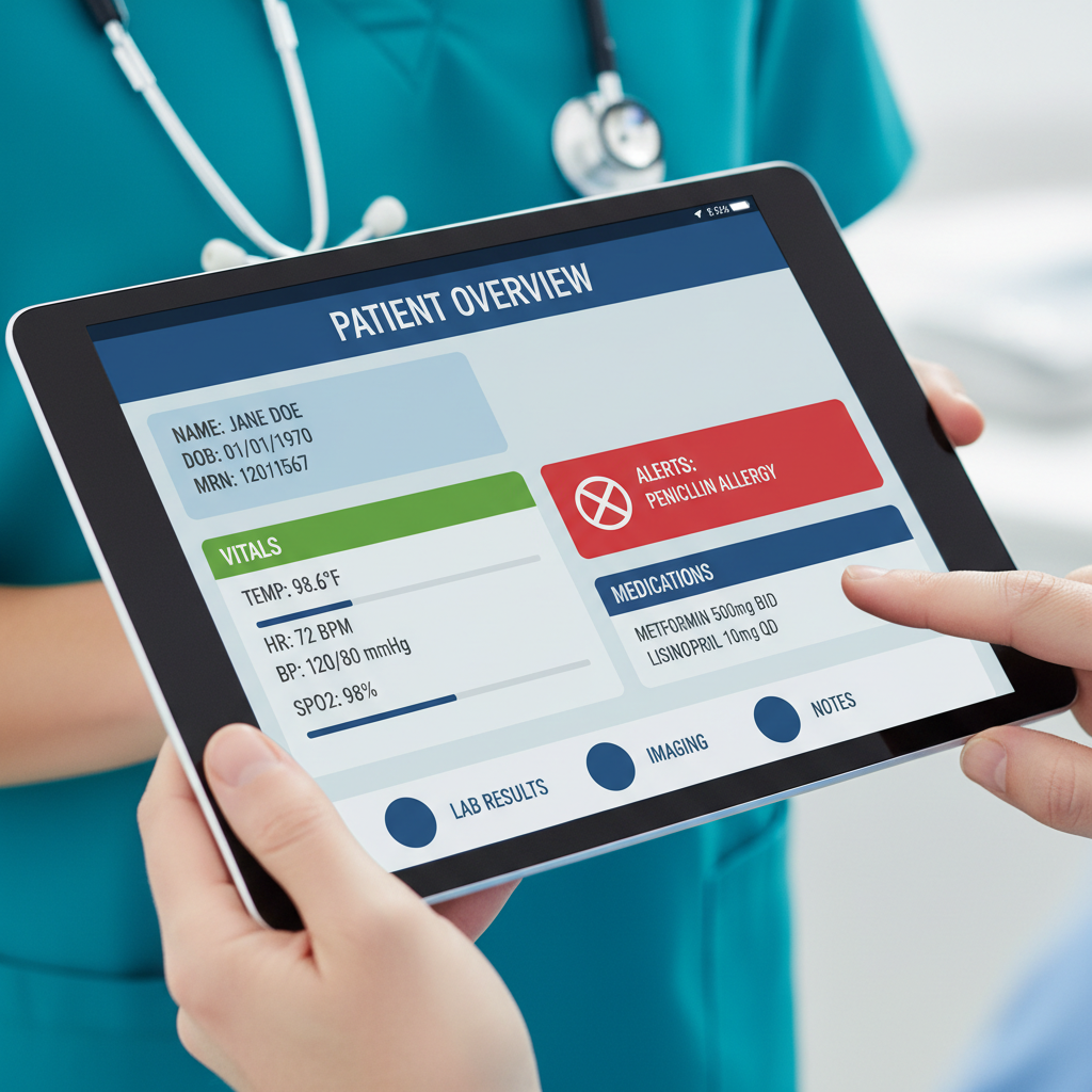 Healthcare app on tablet showing patient dashboard, bright clinical white and blue interface