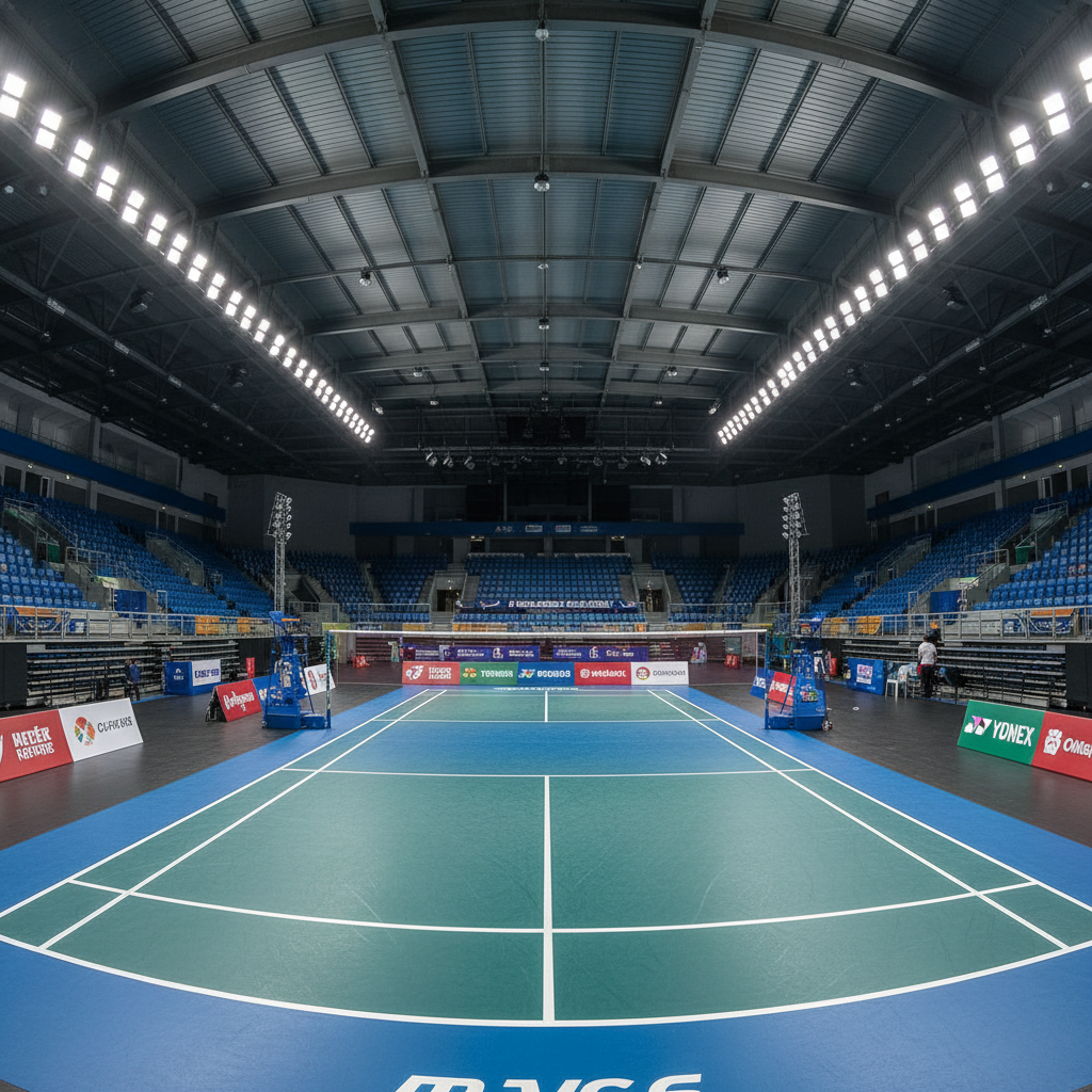 Professional badminton court with LED arena lighting and tournament-grade flooring