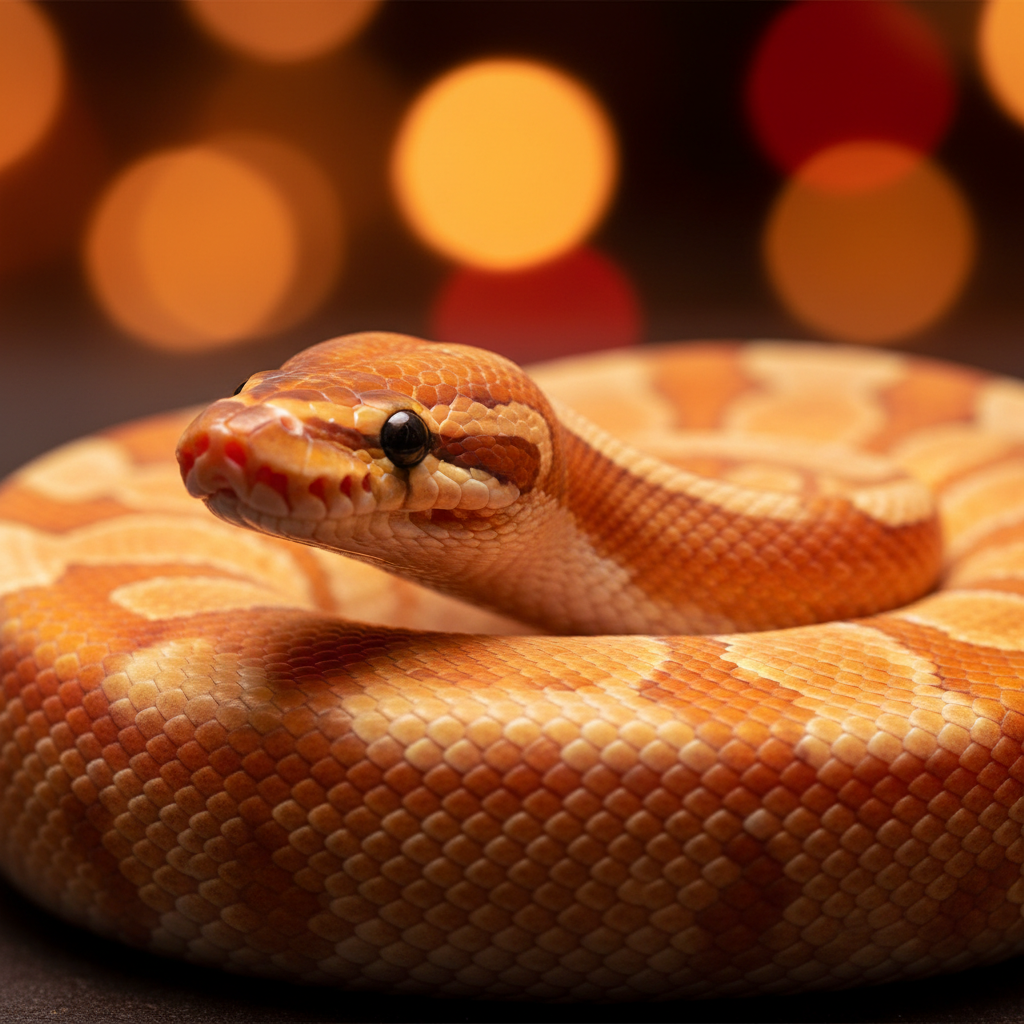 Rich orange and cream fire enchi ball python with reduced pattern glowing under warm light
