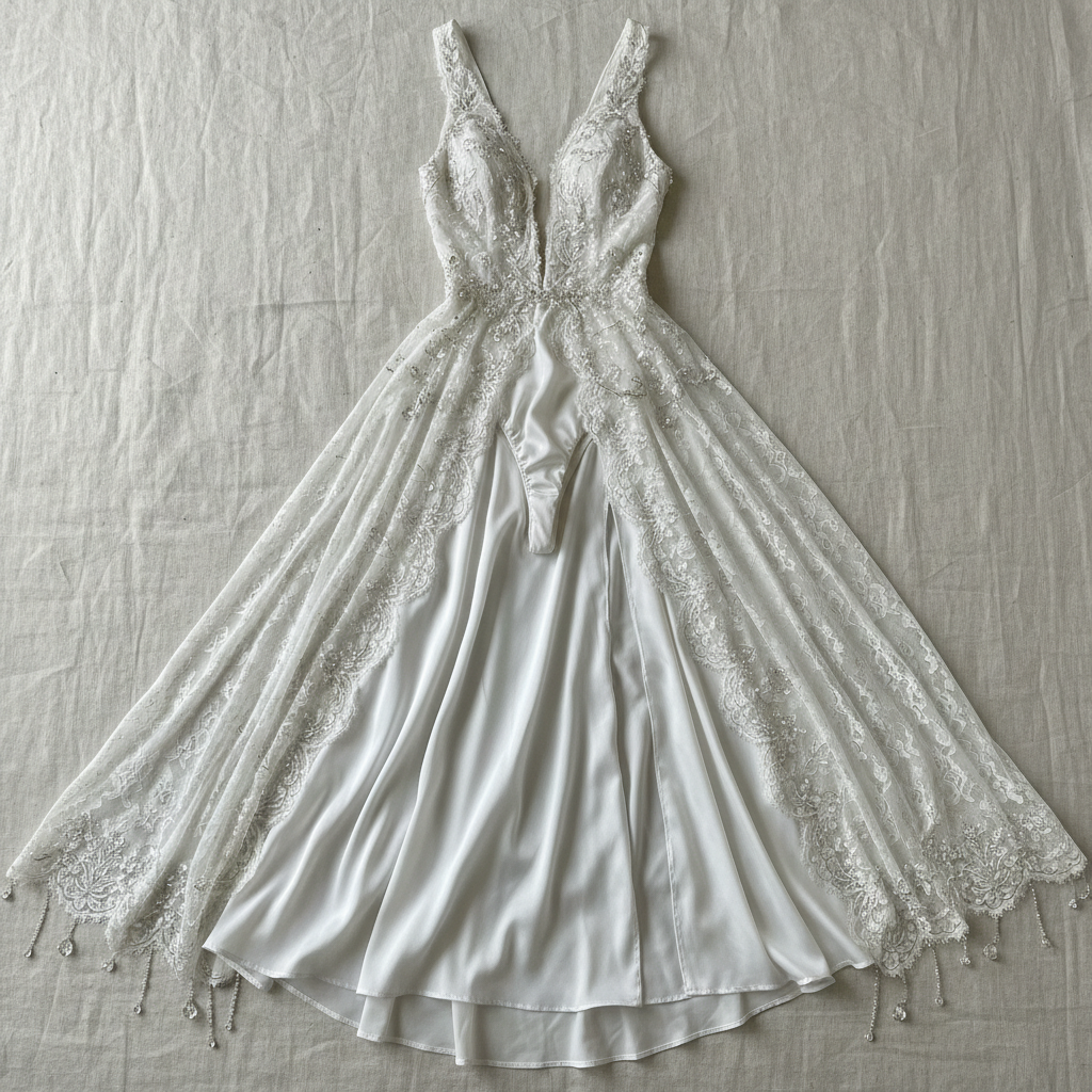 Elegant ivory satin nightgown displayed on white background with soft lighting