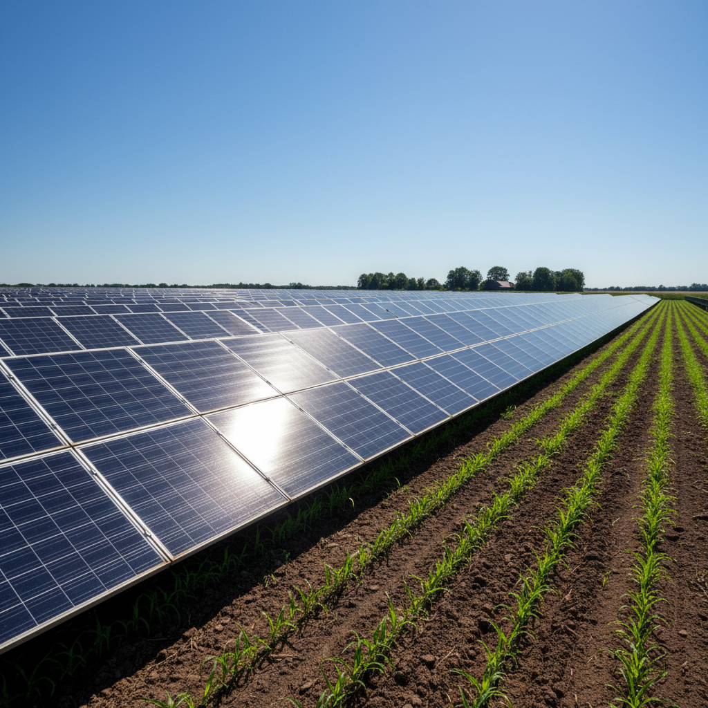 Solar panel array in a bright open field under clear blue sky with green surroundings
