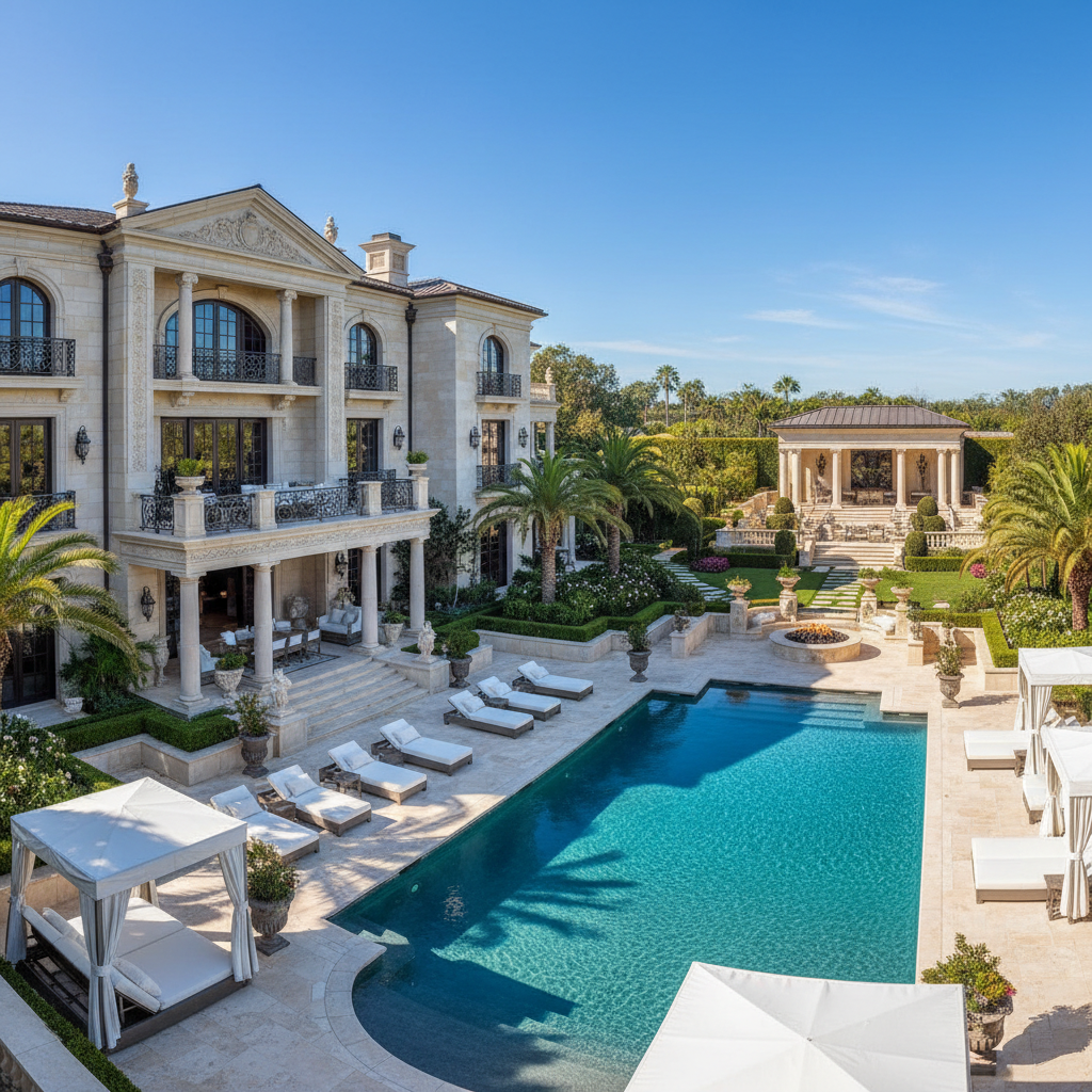 Expansive luxury estate sold by Kim Doering, grand architecture with resort pool and premium outdoor living spaces