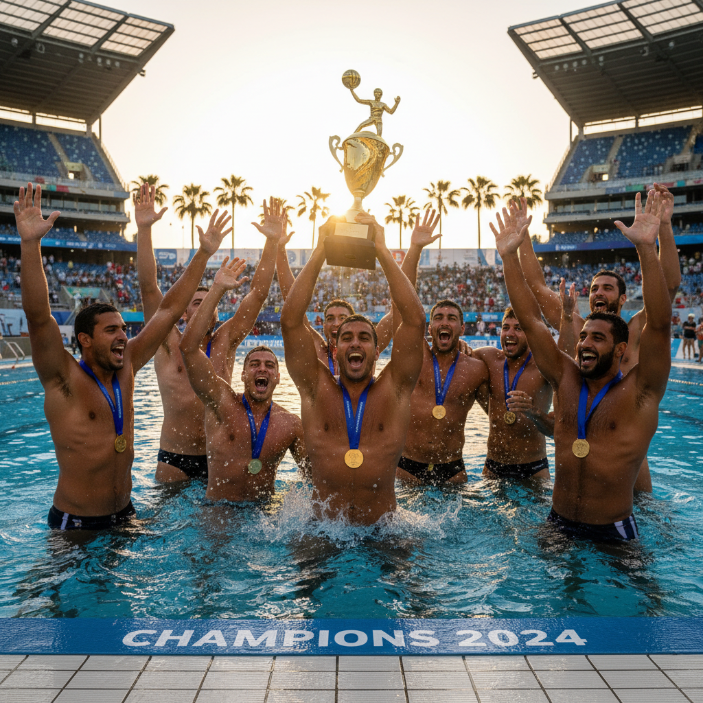 Water polo team celebrating championship win, players raising arms in pool, gold trophy visible on pool deck