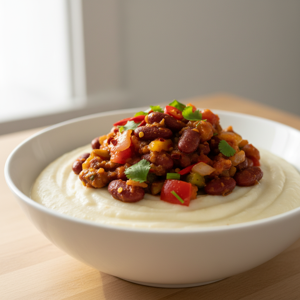 Traditional South African pap with wors and tomato relish in bowl