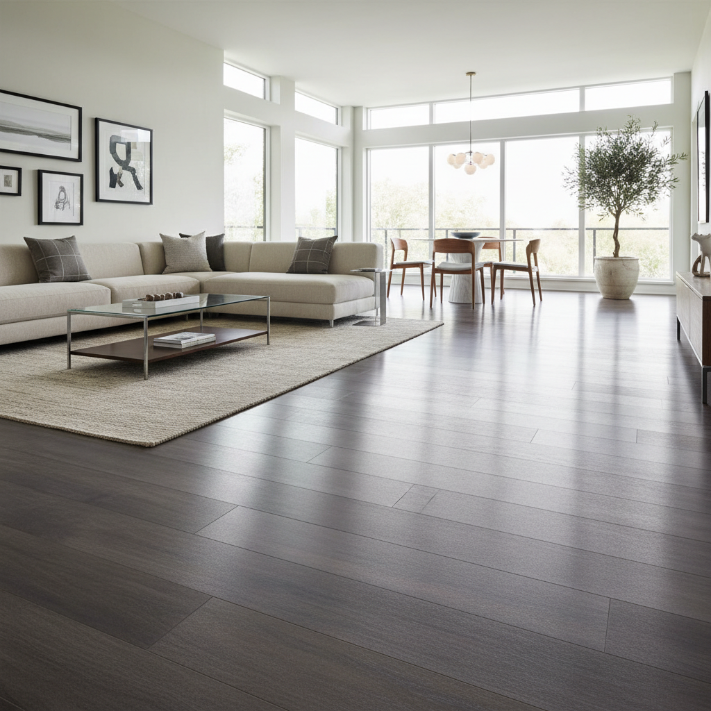 Wide plank luxury vinyl flooring installed in a bright dining room with modern furniture