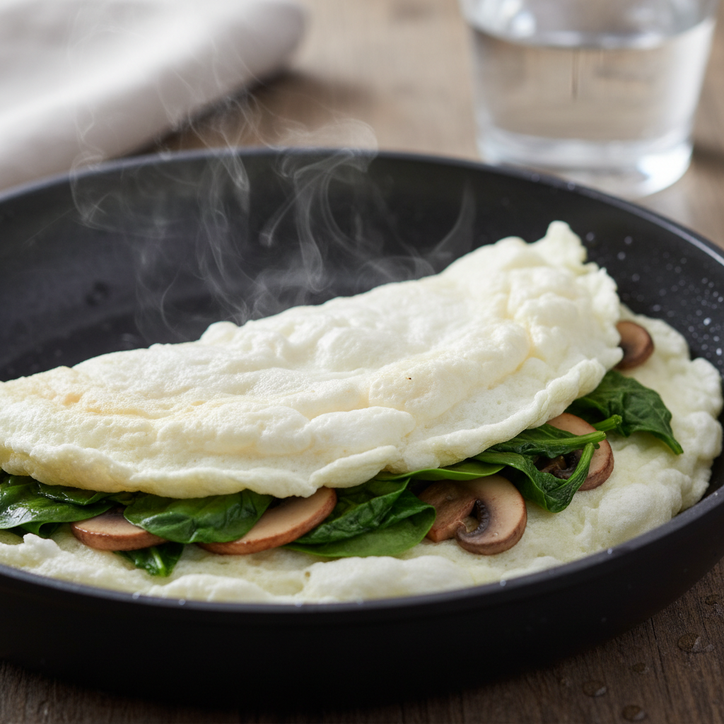 Fluffy egg white omelette with spinach, mushrooms, and feta cheese