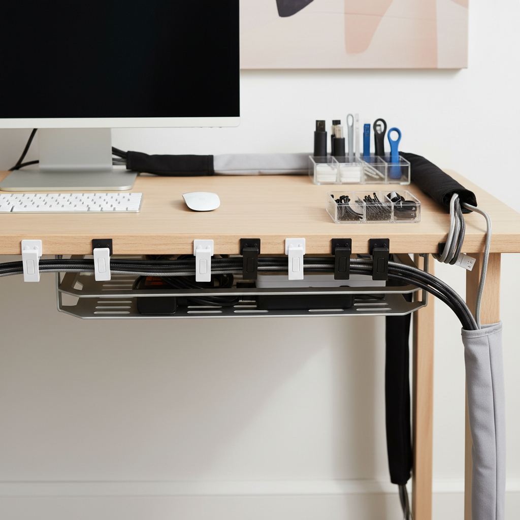 Professional office printer and scanner equipment on desk with organized cable management