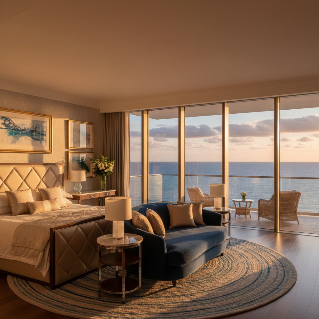 Luxury expedition ship interior with panoramic windows overlooking Arctic fjord at golden hour
