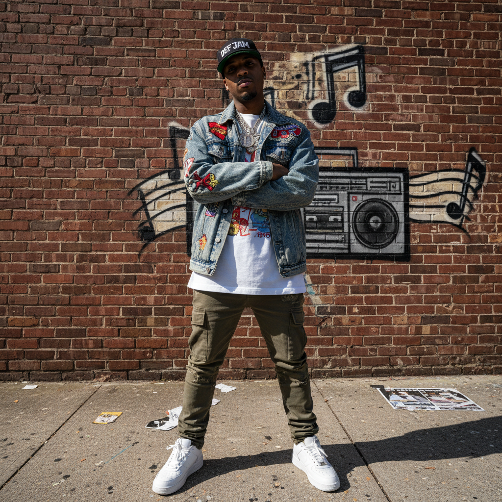 Male hip-hop artist with faux locs posing confidently in dark urban environment, deep moody shadows, dim atmospheric street lighting