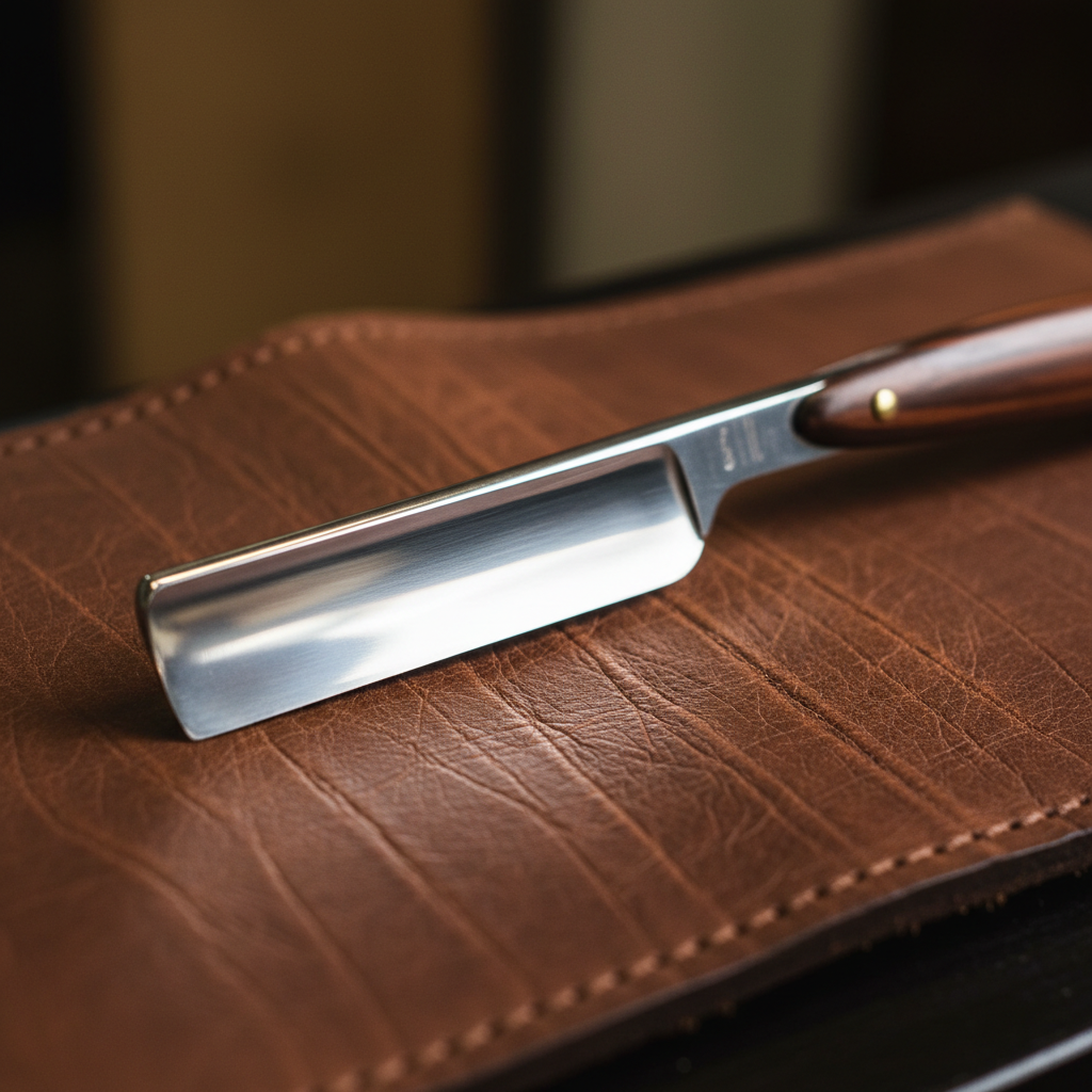 Straight razor blade close-up on leather strop