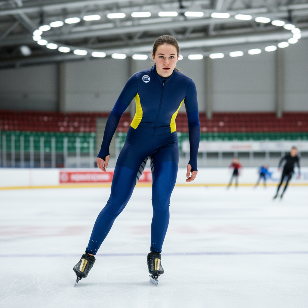 Young female skater in competition costume, smiling