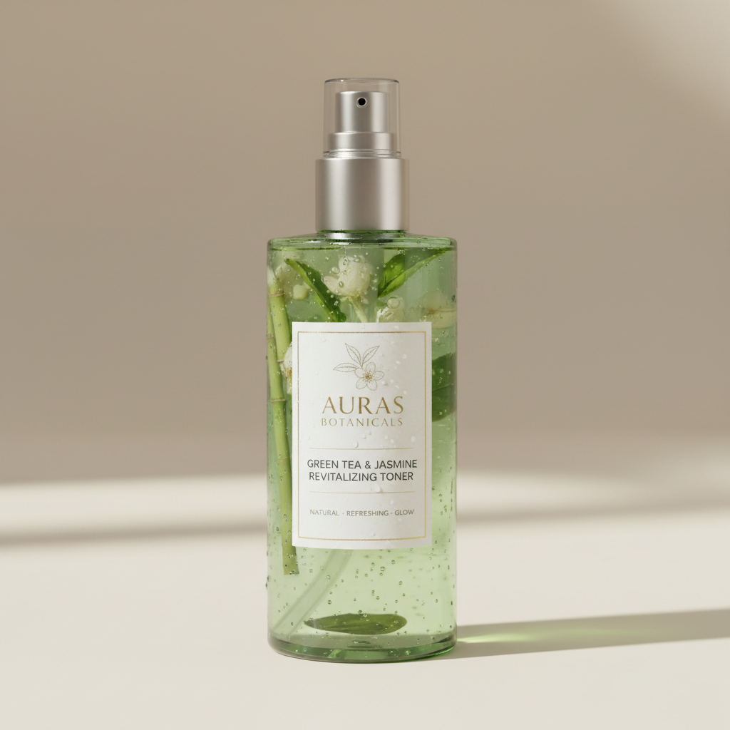 Tea tree toner bottle with botanical elements