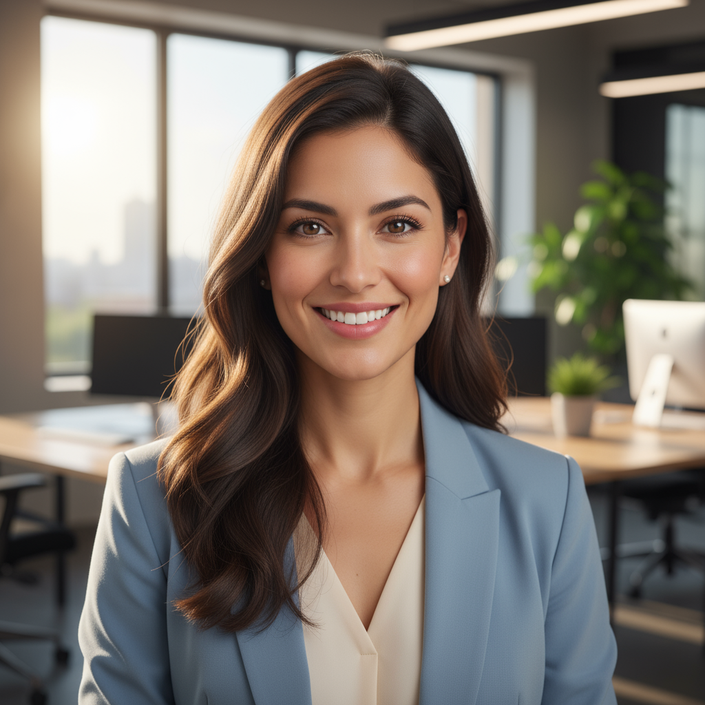 Hispanic woman with long dark hair in professional attire smiling at camera in bright office